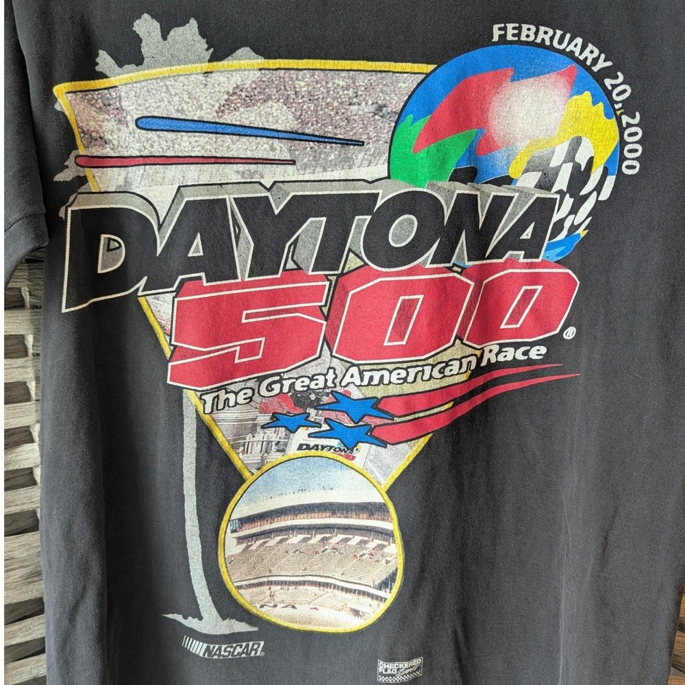 Vtg 2000 Santee Tag Daytona 500 T-Shirt Black Full Graphic Front & Back Mens L